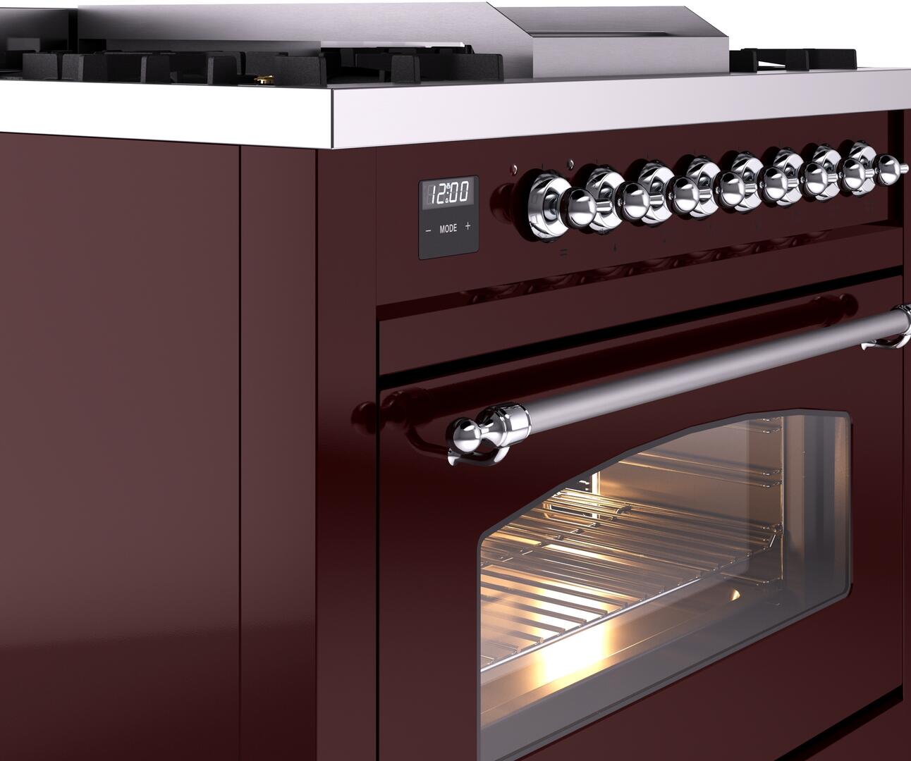 Ilve UP36FNMPBUCLP Nostalgie Ii 36 Inch Dual Fuel Liquid Propane Freestanding Range In Burgundy With Chrome Trim