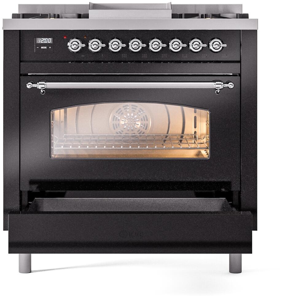 Ilve UP36FNMPBKC Nostalgie Ii 36 Inch Dual Fuel Natural Gas Freestanding Range In Glossy Black With Chrome Trim