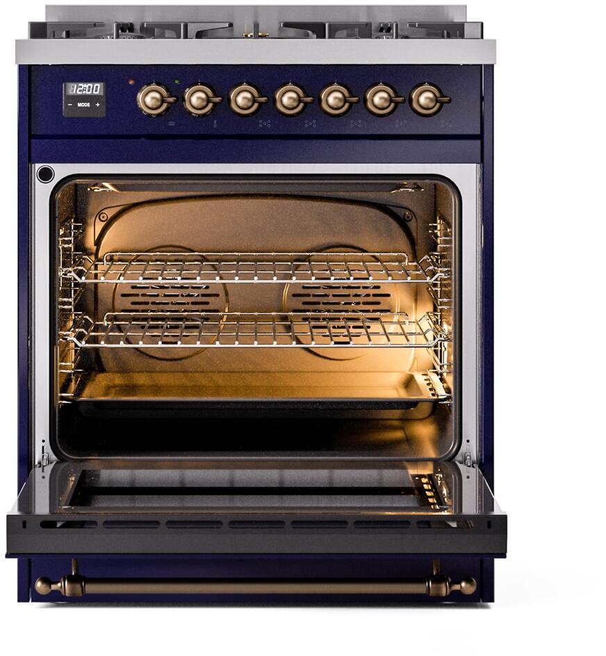 Ilve UP30NMPMBB Nostalgie Ii 30 Inch Dual Fuel Natural Gas Freestanding Range In Blue With Bronze Trim