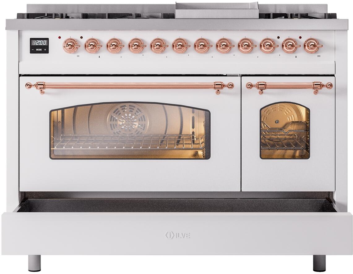 Ilve UP48FNMPWHP Nostalgie Ii 48 Inch Dual Fuel Natural Gas Freestanding Range In White With Copper Trim