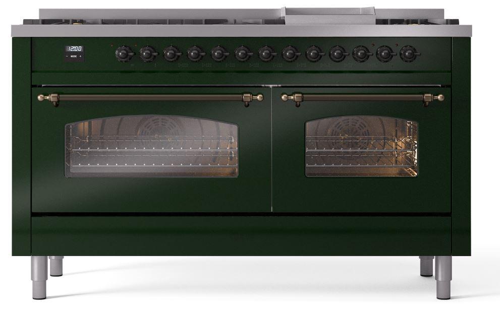 Ilve UP60FNMPEGB Nostalgie Ii 60 Inch Dual Fuel Natural Gas Freestanding Range In Emerald Green With Bronze Trim