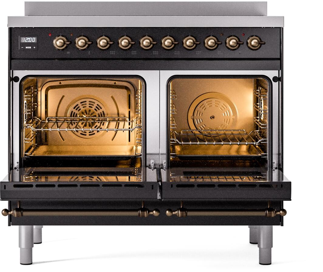 Ilve UPDI406NMPBKB Nostalgie Ii 40 Inch Electric Freestanding Range In Glossy Black With Bronze Trim