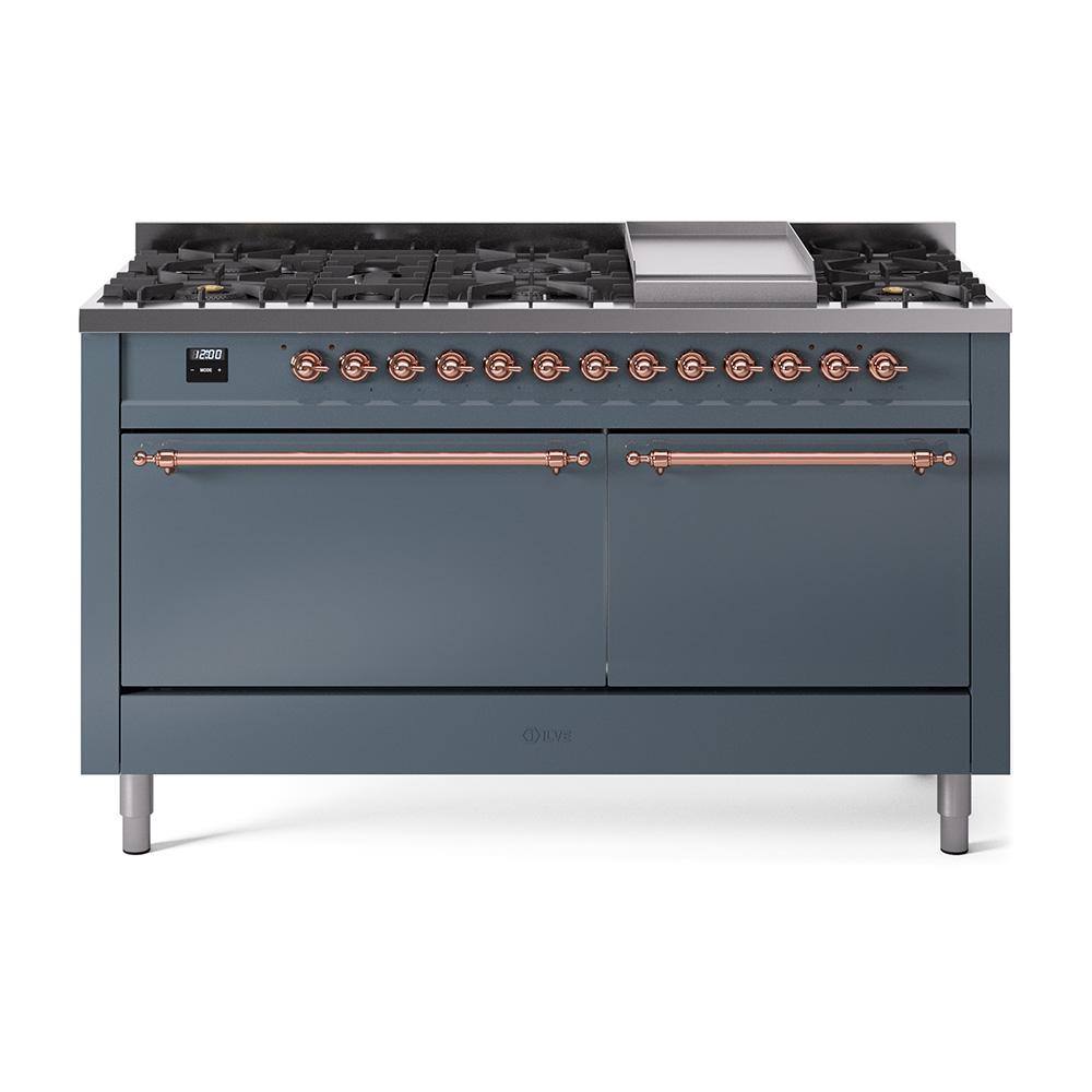 Ilve UP60FQNMPBGP Ilve Nostalgie Ii 60 Up60Fqnmpbgp Freestanding Dual Fuel Range With 9 Sealed Burners Double Oven With Solid Door In Blue Grey With Copper Knobs