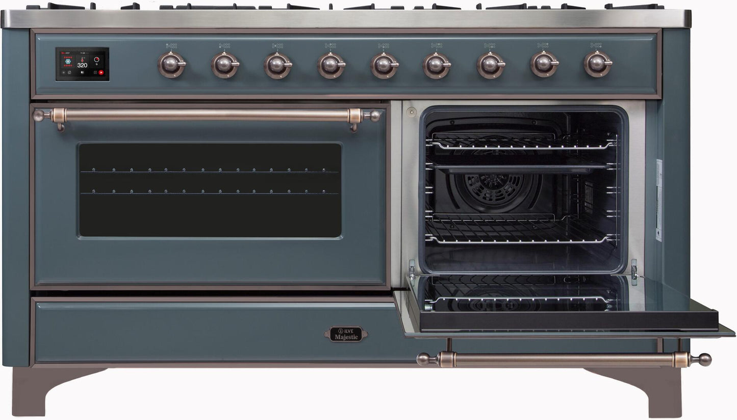 Ilve UM15FDNS3BGBLP Majestic Ii 60 Inch Dual Fuel Liquid Propane Freestanding Range In Blue Grey With Bronze Trim