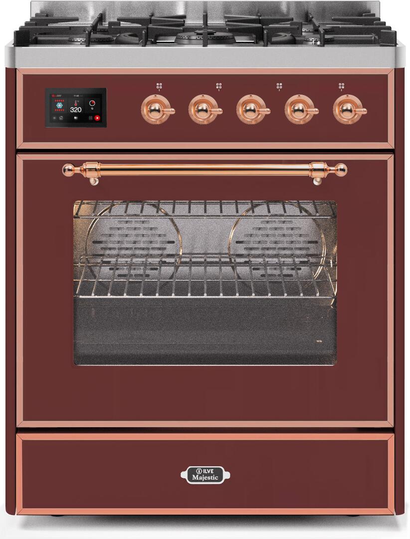 Ilve UM30DNE3BUPLP Majestic Ii 30 Inch Dual Fuel Liquid Propane Freestanding Range In Burgundy With Copper Trim