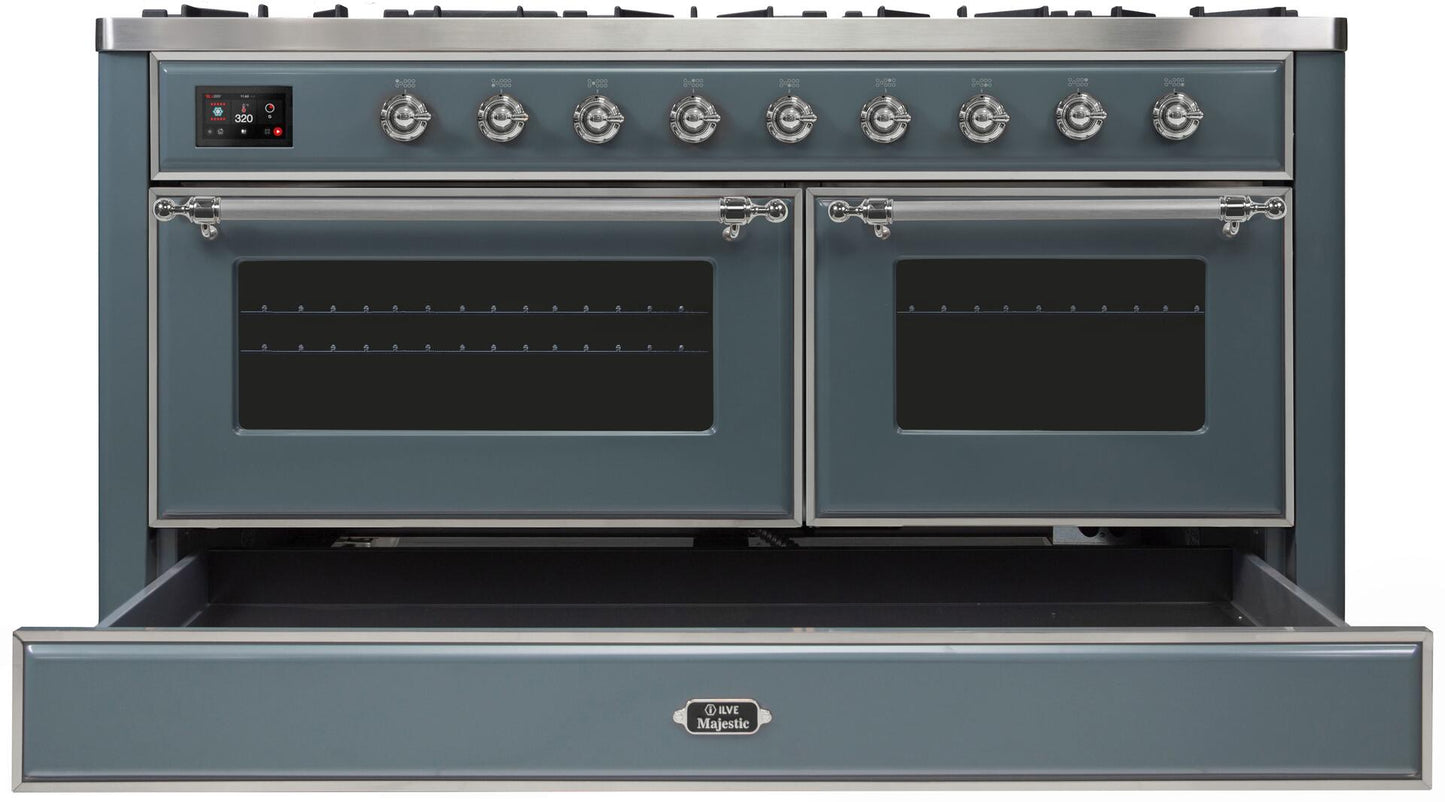 Ilve UM15FDNS3BGC Majestic Ii 60 Inch Dual Fuel Natural Gas Freestanding Range In Blue Grey With Chrome Trim