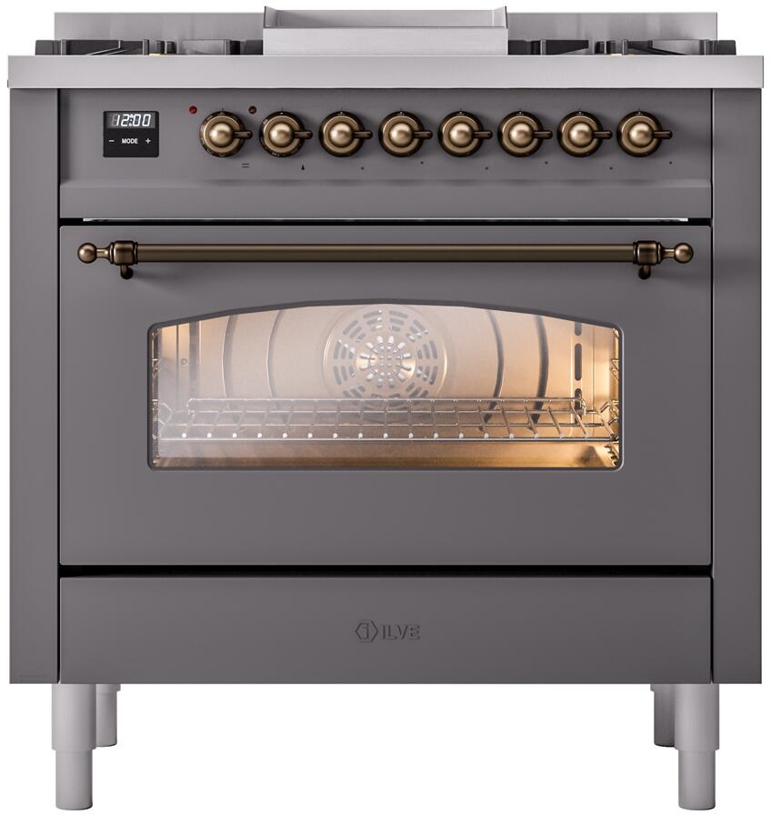 Ilve UP36FNMPMGBLP Nostalgie Ii 36 Inch Dual Fuel Liquid Propane Freestanding Range In Matte Graphite With Bronze Trim