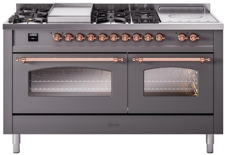 Ilve UP60FSNMPMGPLP Nostalgie Ii 60 Inch Dual Fuel Liquid Propane Freestanding Range In Matte Graphite With Copper Trim