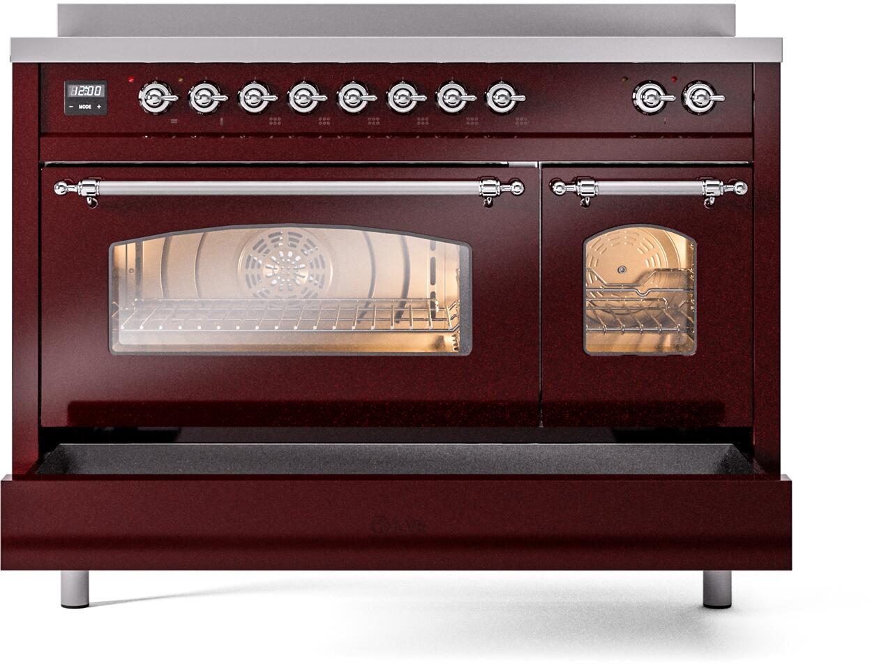 Ilve UPI486NMPBUC Nostalgie Ii 48 Inch Electric Freestanding Range In Burgundy With Chrome Trim