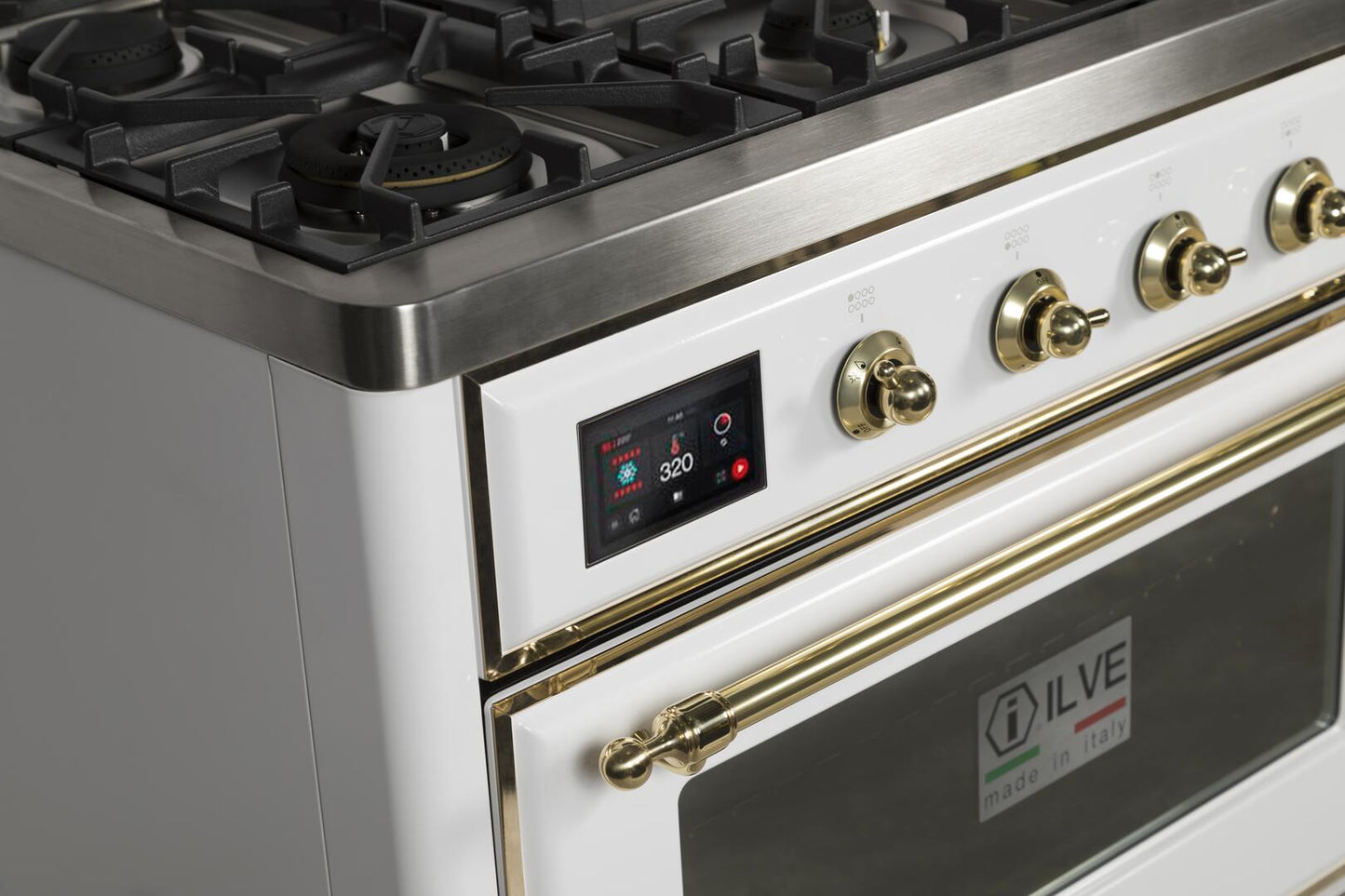 Ilve UM12FDNS3WHG Majestic Ii 48 Inch Dual Fuel Natural Gas Freestanding Range In White With Brass Trim