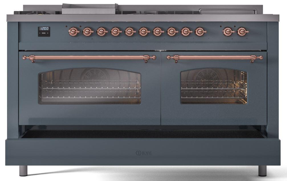 Ilve UP60FSNMPBGPLP Nostalgie Ii 60 Inch Dual Fuel Liquid Propane Freestanding Range In Blue Grey With Copper Trim