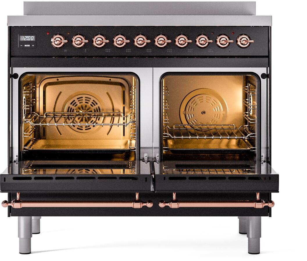 Ilve UPDI406NMPBKP Nostalgie Ii 40 Inch Electric Freestanding Range In Glossy Black With Copper Trim