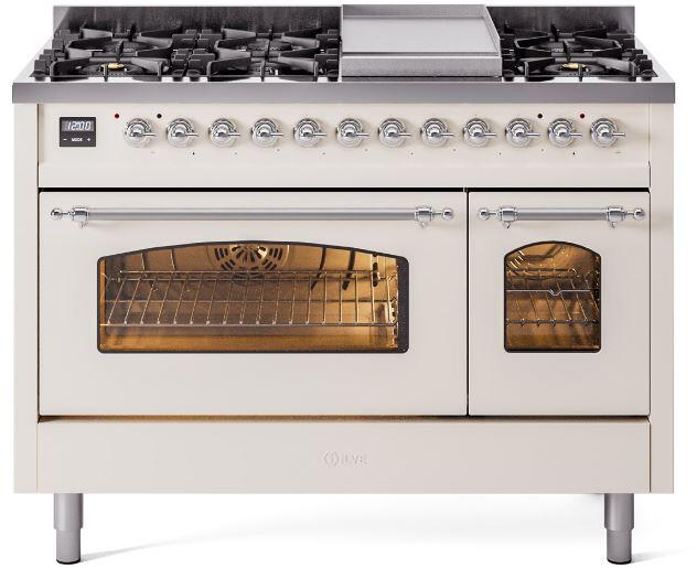 Ilve UP48FNMPAWCLP Nostalgie Ii 48 Inch Dual Fuel Liquid Propane Freestanding Range In Antique White With Chrome Trim