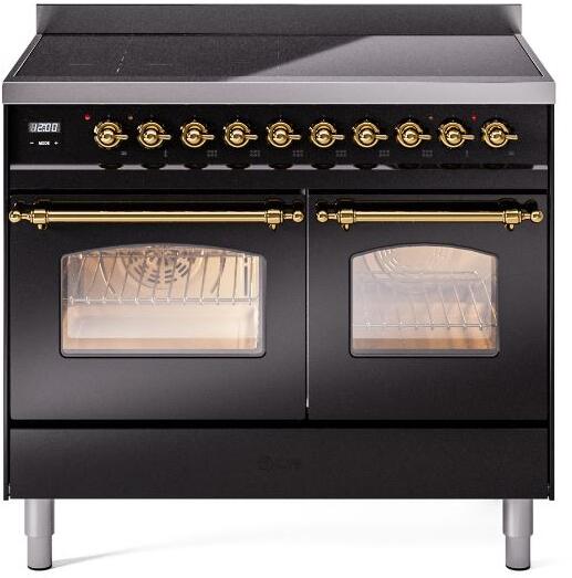 Ilve UPDI406NMPBKG Nostalgie Ii 40 Inch Electric Freestanding Range In Glossy Black With Brass Trim