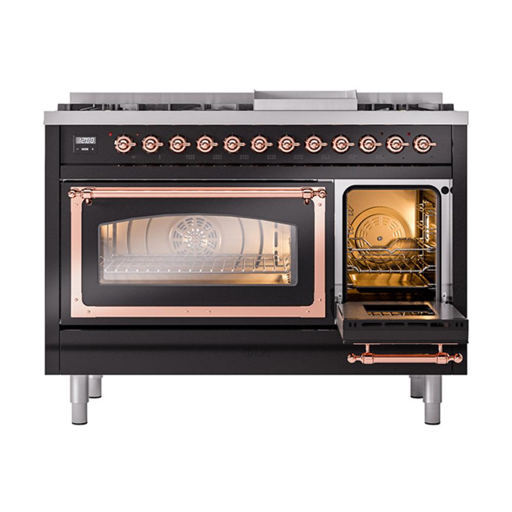 Ilve UN48FNMPBKPLP Ilve Un48Fnmpbkplp Nostalgie Ii Noblesse 48" Dual Fuel Range (8 Sealed Burners + Griddle, Liquid Propane, Triple Glass Door, Glossy Black, Copper)