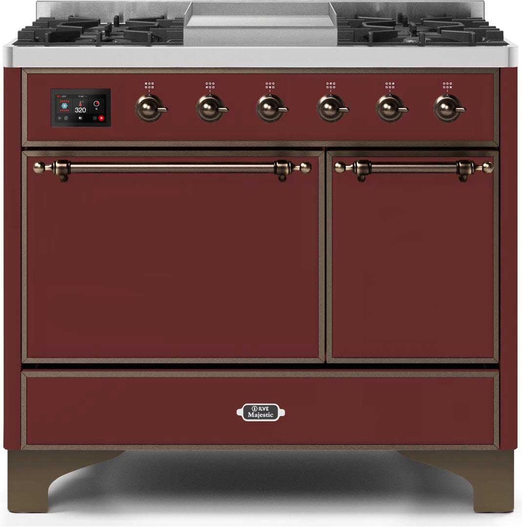 Ilve UMD10FDQNS3BUBLP Majestic Ii 40 Inch Dual Fuel Liquid Propane Freestanding Range In Burgundy With Bronze Trim