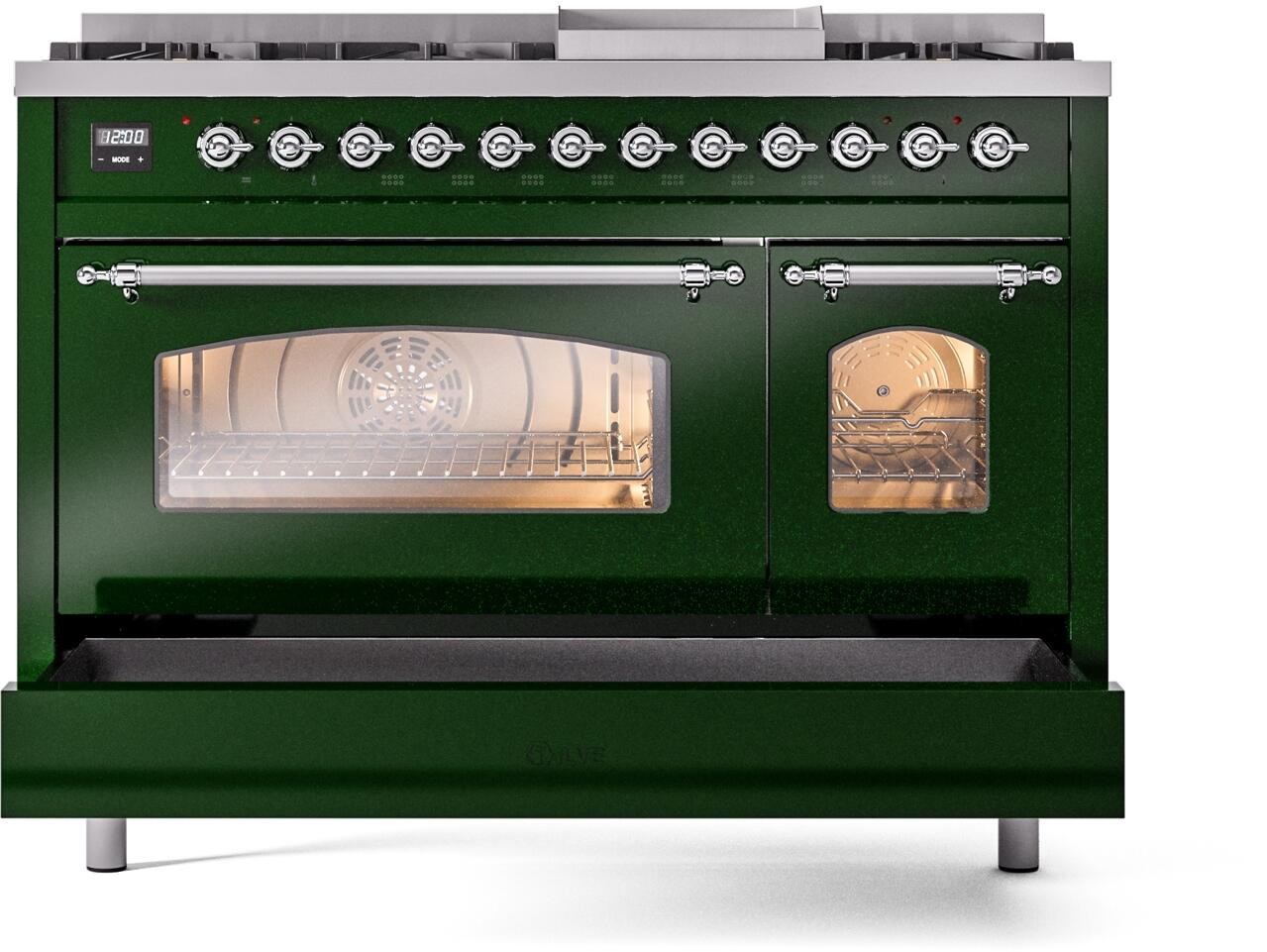 Ilve UP48FNMPEGC Nostalgie Ii 48 Inch Dual Fuel Natural Gas Freestanding Range In Emerald Green With Chrome Trim