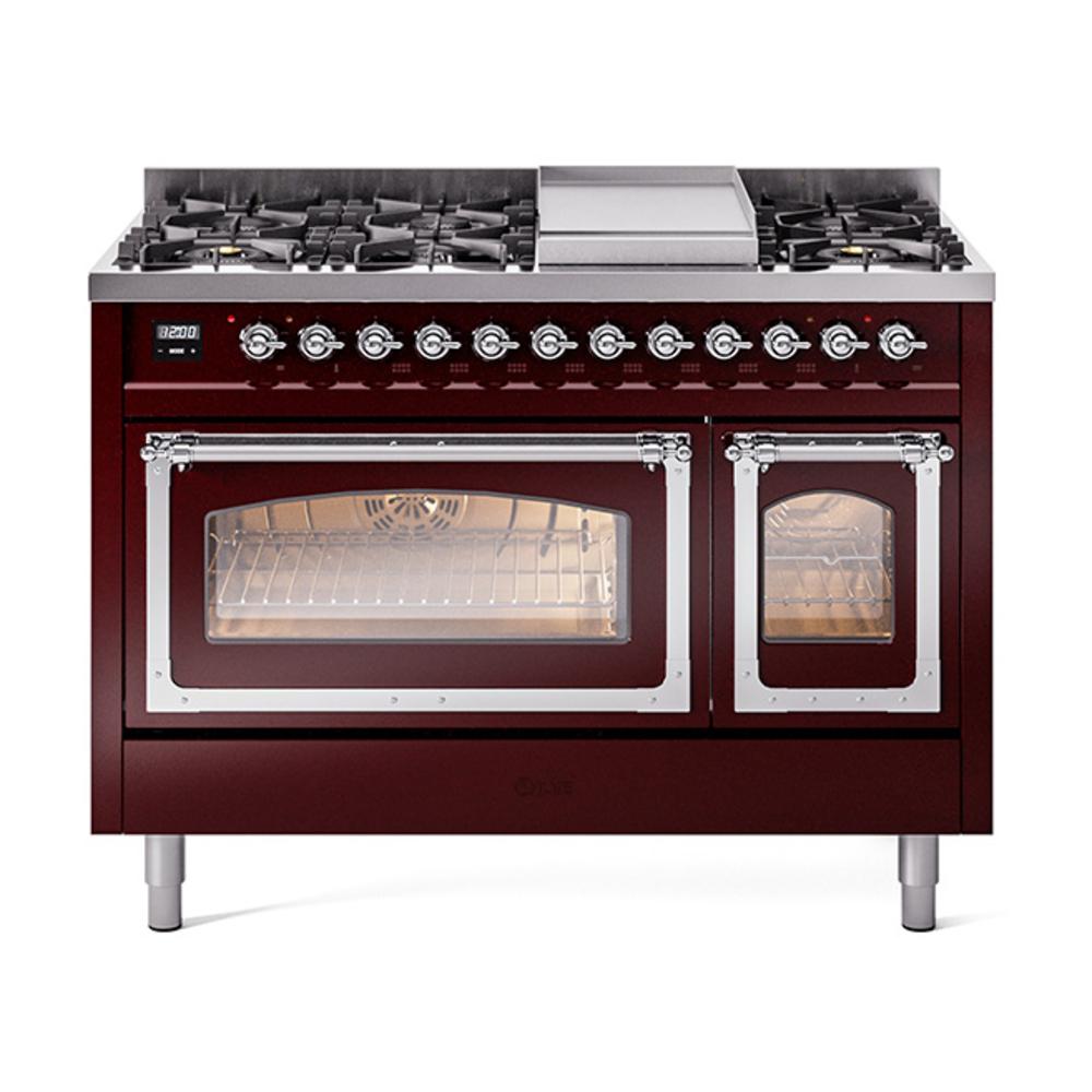 Ilve UN48FNMPBUCLP Ilve Un48Fnmpbuclp Nostalgie Ii Noblesse 48" Dual Fuel Range (8 Sealed Burners + Griddle, Liquid Propane, Triple Glass Door, Burgundy, Chrome)