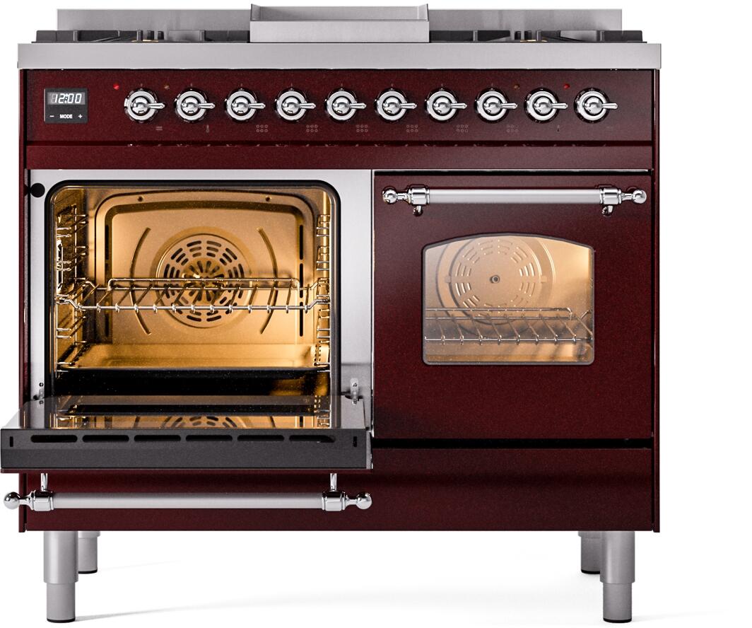 Ilve UPD40FNMPBUC Nostalgie Ii 40 Inch Dual Fuel Natural Gas Freestanding Range In Burgundy With Chrome Trim