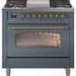 Ilve UP36FNMPBGGLP Nostalgie Ii 36 Inch Dual Fuel Liquid Propane Freestanding Range In Blue Grey With Brass Trim