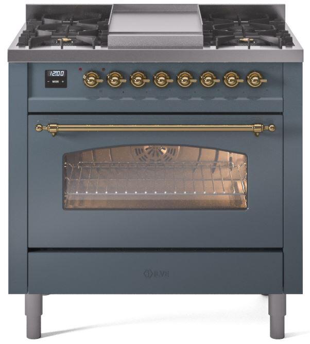 Ilve UP36FNMPBGGLP Nostalgie Ii 36 Inch Dual Fuel Liquid Propane Freestanding Range In Blue Grey With Brass Trim