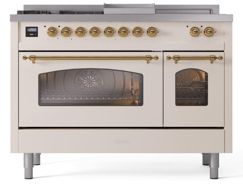 Ilve UP48FSNMPAWG Nostalgie Ii 48 Inch Dual Fuel Natural Gas Freestanding Range In Antique White With Brass Trim