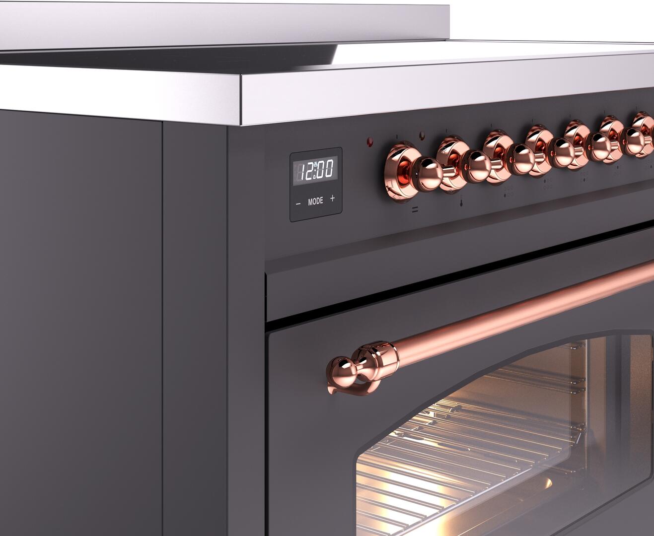 Ilve UPI486NMPMGP Nostalgie Ii 48 Inch Electric Freestanding Range In Matte Graphite With Copper Trim