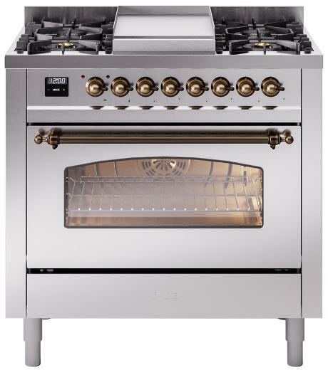 Ilve UP36FNMPSSBLP Nostalgie Ii 36 Inch Dual Fuel Liquid Propane Freestanding Range In Stainless Steel With Bronze Trim