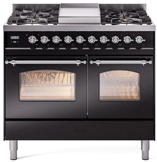 Ilve UPD40FNMPBKCLP Nostalgie Ii 40 Inch Dual Fuel Liquid Propane Freestanding Range In Glossy Black With Chrome Trim