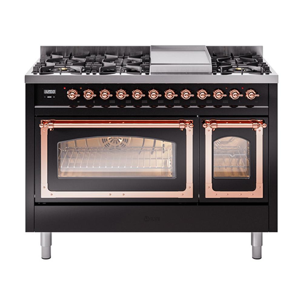 Ilve UN48FNMPBKPLP Ilve Un48Fnmpbkplp Nostalgie Ii Noblesse 48" Dual Fuel Range (8 Sealed Burners + Griddle, Liquid Propane, Triple Glass Door, Glossy Black, Copper)