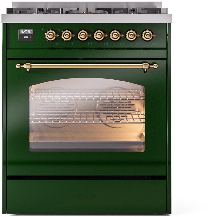 Ilve UP30NMPEGG Nostalgie Ii 30 Inch Dual Fuel Natural Gas Freestanding Range In Emerald Green With Brass Trim