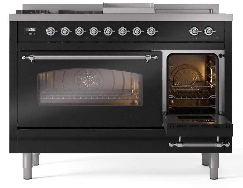 Ilve UP48FSNMPBKCLP Nostalgie Ii 48 Inch Dual Fuel Liquid Propane Freestanding Range In Glossy Black With Chrome Trim