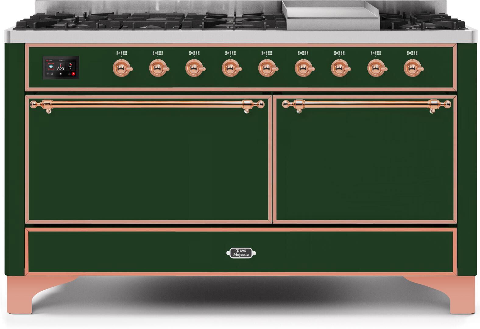 Ilve UM15FDQNS3EGPLP Majestic Ii 60 Inch Dual Fuel Liquid Propane Freestanding Range In Emerald Green With Copper Trim