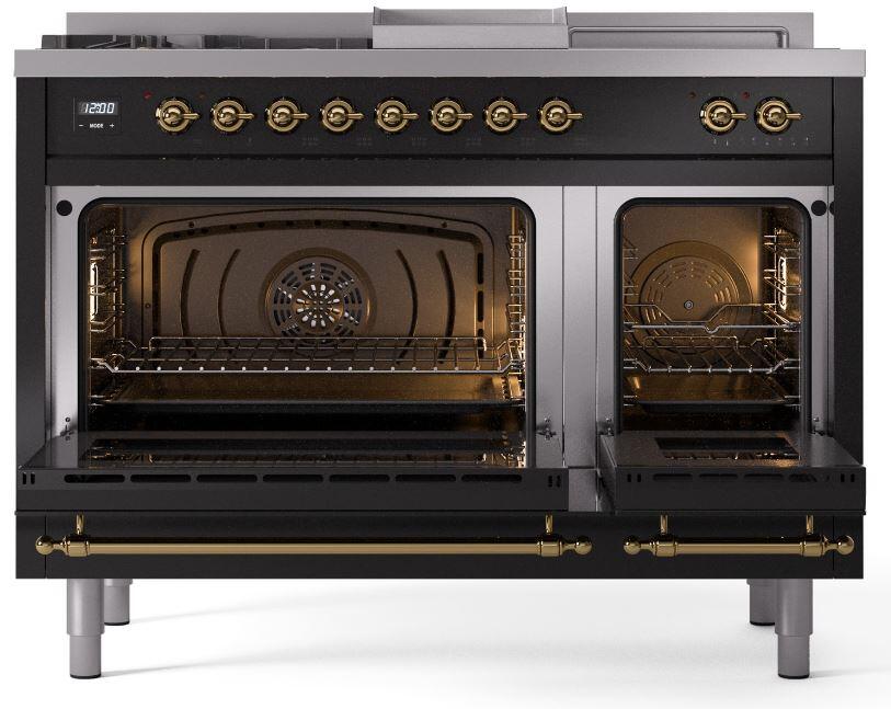 Ilve UP48FSNMPBKGLP Nostalgie Ii 48 Inch Dual Fuel Liquid Propane Freestanding Range In Glossy Black With Brass Trim