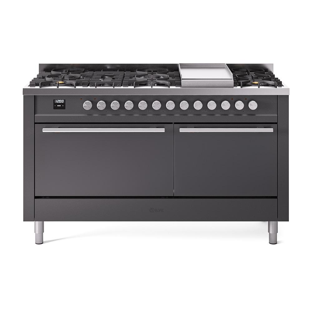 Ilve UP60FQMPMG Ilve Professional Plus Ii 60 Up60Fqmpmg Freestanding Dual Fuel Range With 9 Sealed Burners Double Oven With Solid Door In Graphite Matte With Stainless Steel Knobs