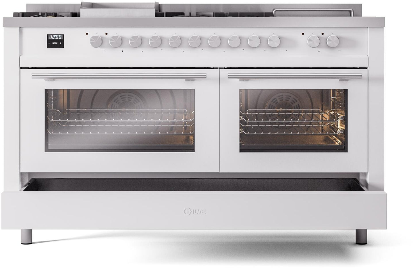 Ilve UP60FSWMPWH Professional Plus Ii 60 Inch Dual Fuel Natural Gas Freestanding Range In White With Trim