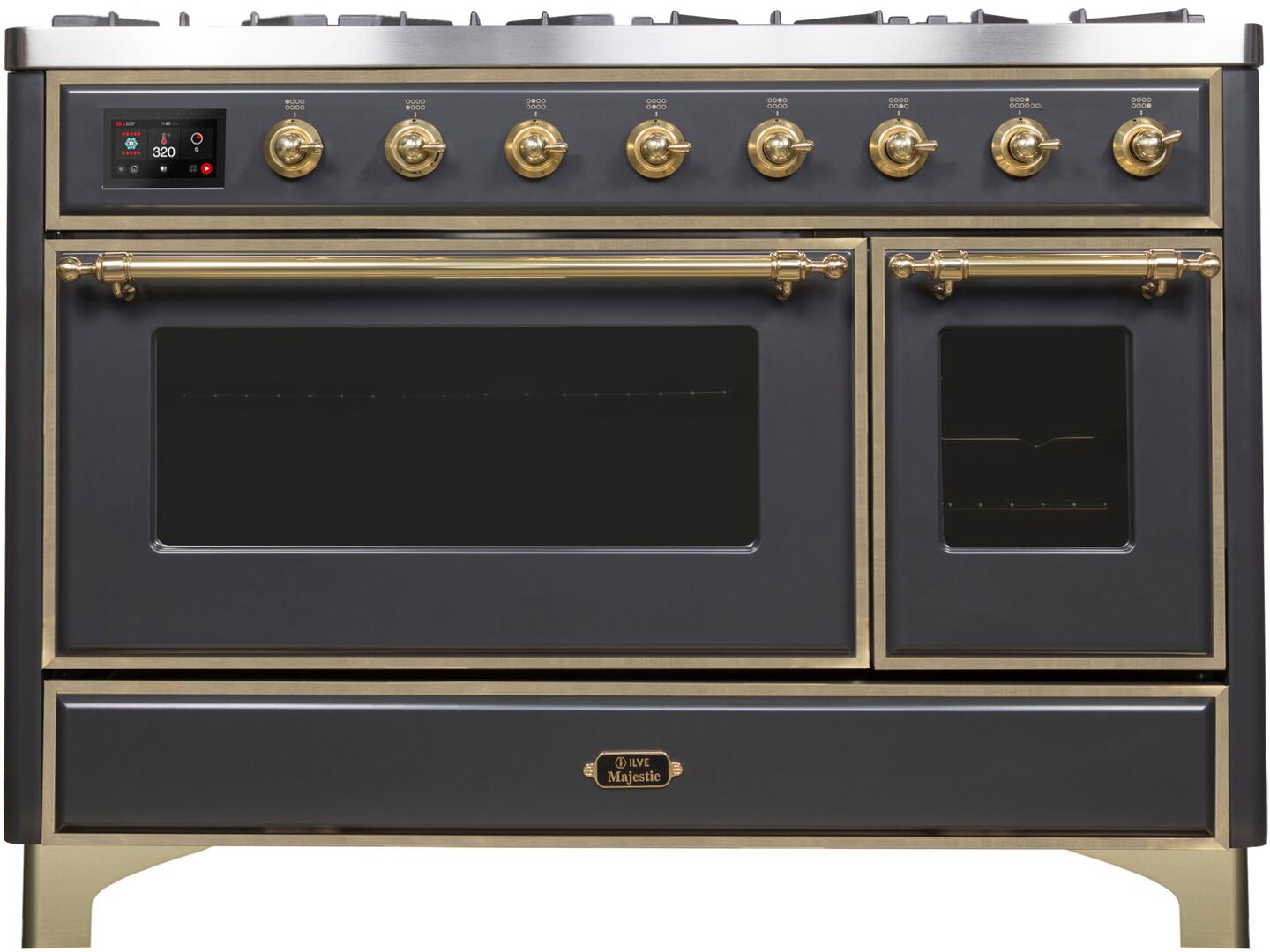 Ilve UM12FDNS3MGGLP Majestic Ii 48 Inch Dual Fuel Liquid Propane Freestanding Range In Matte Graphite With Brass Trim