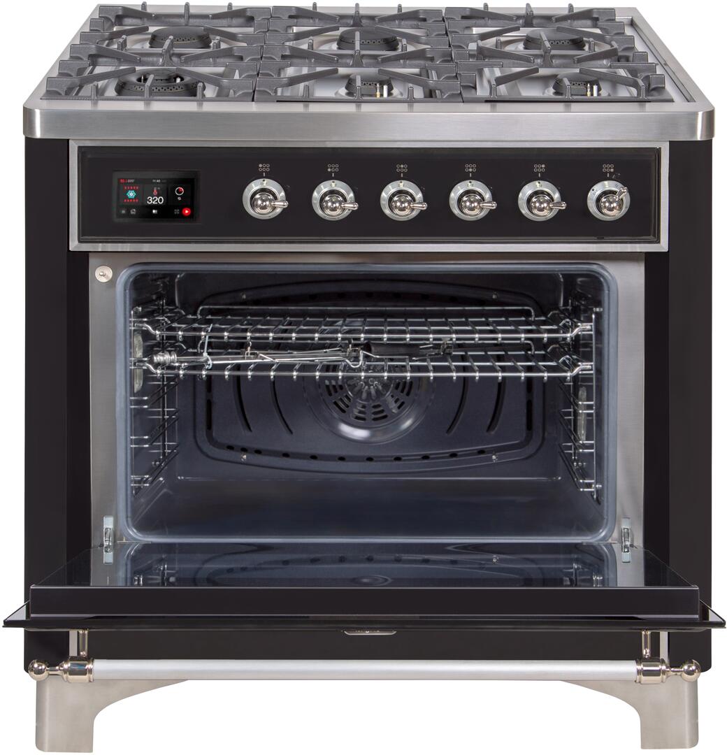 Ilve UM09FDNS3BKC Majestic Ii 36 Inch Dual Fuel Natural Gas Freestanding Range In Glossy Black With Chrome Trim