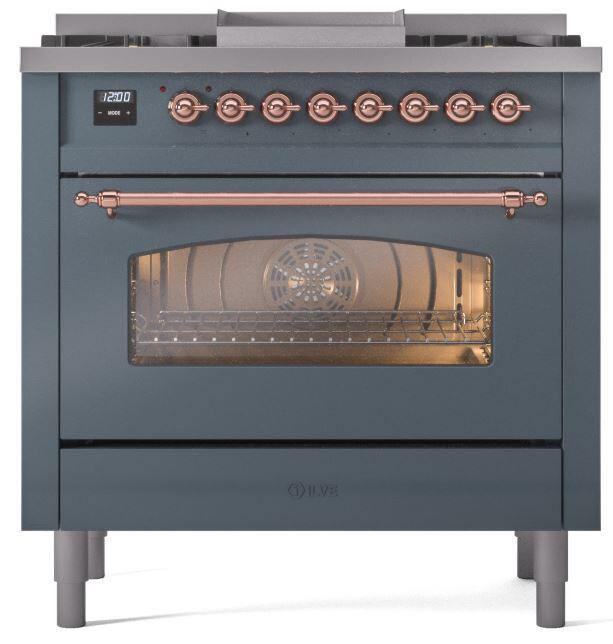 Ilve UP36FNMPBGPLP Nostalgie Ii 36 Inch Dual Fuel Liquid Propane Freestanding Range In Blue Grey With Copper Trim