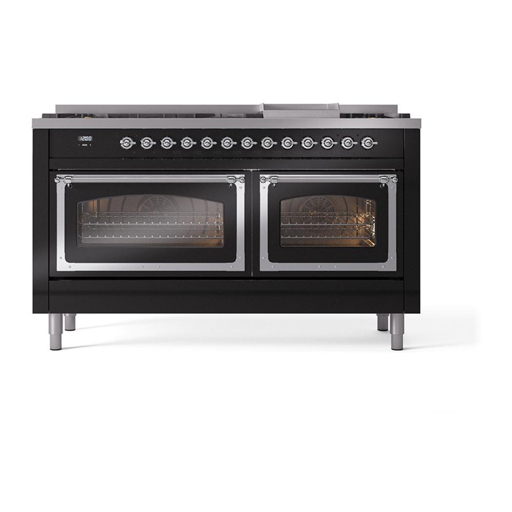 Ilve UN60FNMPBKC Ilve Un60Fnmpbkc Nostalgie Ii Noblesse 60" Dual Fuel Range (9 Sealed Burners + Griddle, Natural Gas, Triple Glass Door, Glossy Black, Chrome)