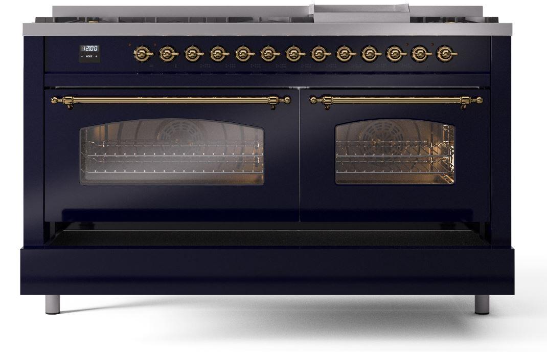 Ilve UP60FNMPMBG Nostalgie Ii 60 Inch Dual Fuel Natural Gas Freestanding Range In Blue With Brass Trim