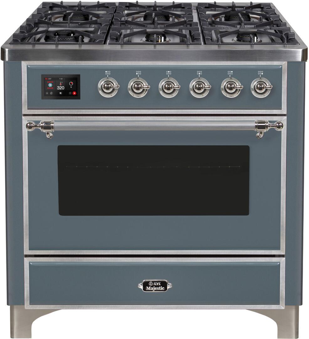 Ilve UM09FDNS3BGC Majestic Ii 36 Inch Dual Fuel Natural Gas Freestanding Range In Blue Grey With Chrome Trim