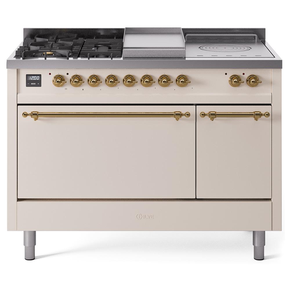 Ilve UP48FSQNMPAWGLP Ilve Nostalgie Ii 48 Up48Fsqnmpawg Freestanding Dual Fuel Range With 5 Sealed Burners And French Top Double Oven With Solid Door In Antique White With Brass Knobs