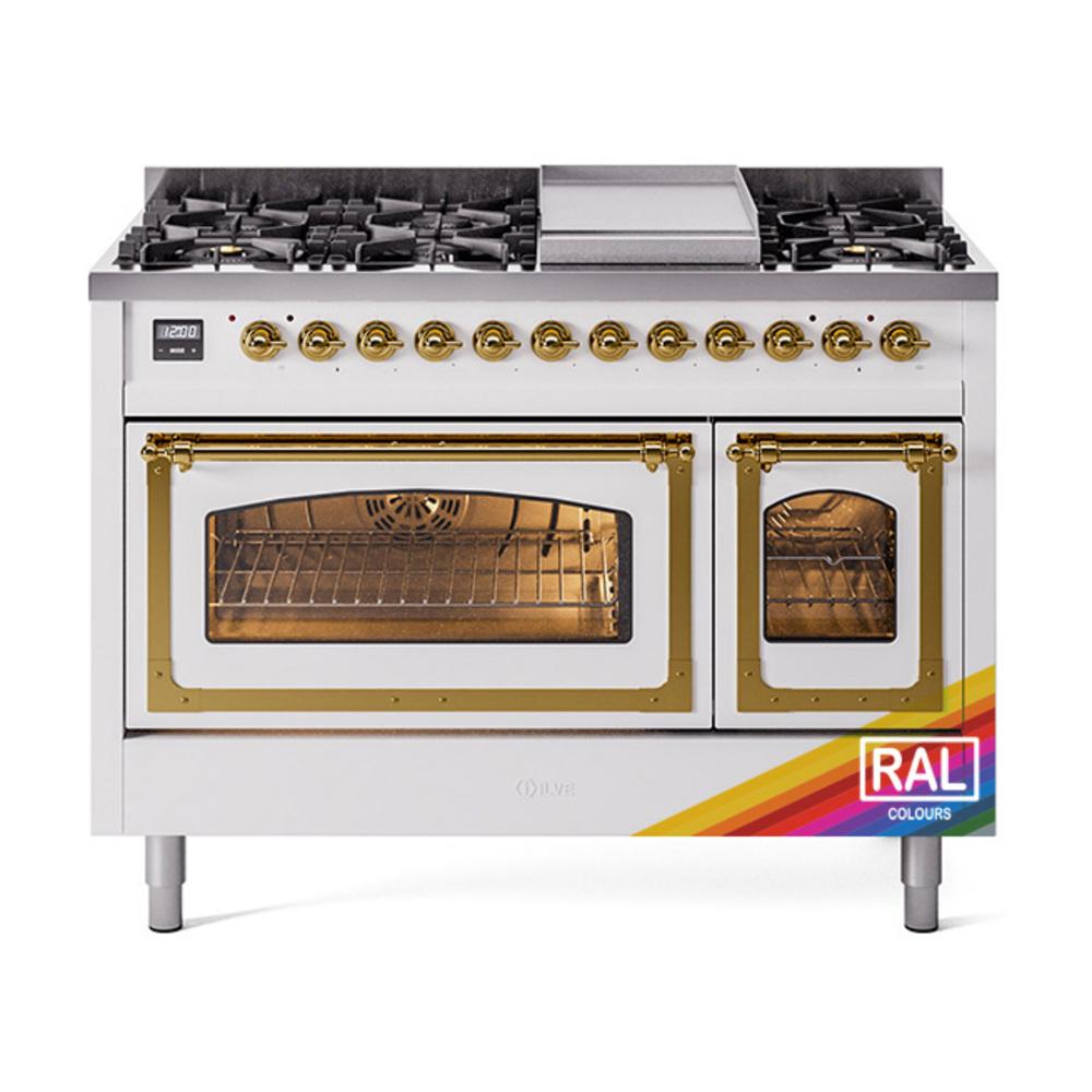 Ilve UN48FNMPRAG Ilve Un48Fnmprag Nostalgie Ii Noblesse 48" Dual Fuel Range (8 Sealed Burners + Griddle, Natural Gas, Triple Glass Door, Ral, Brass)