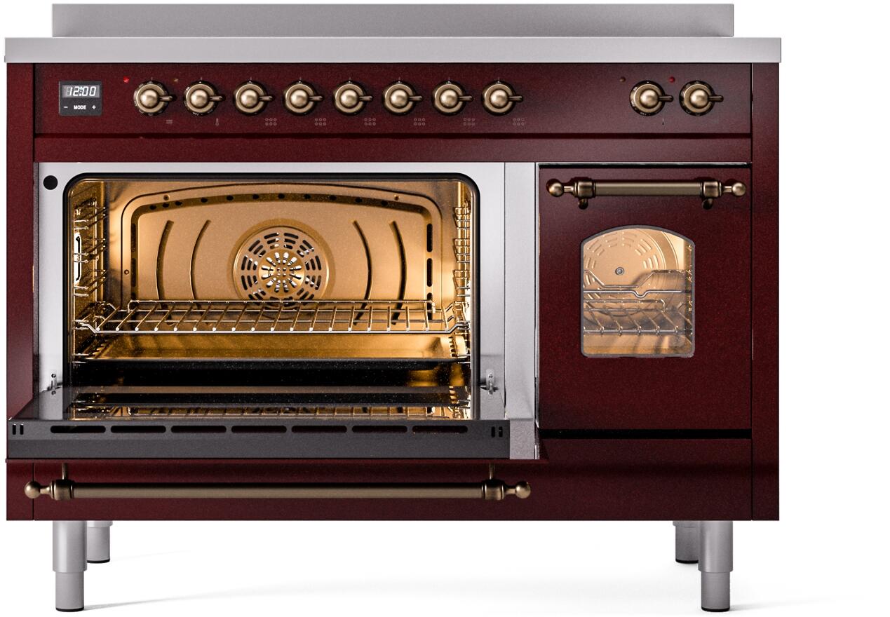 Ilve UPI486NMPBUB Nostalgie Ii 48 Inch Electric Freestanding Range In Burgundy With Bronze Trim