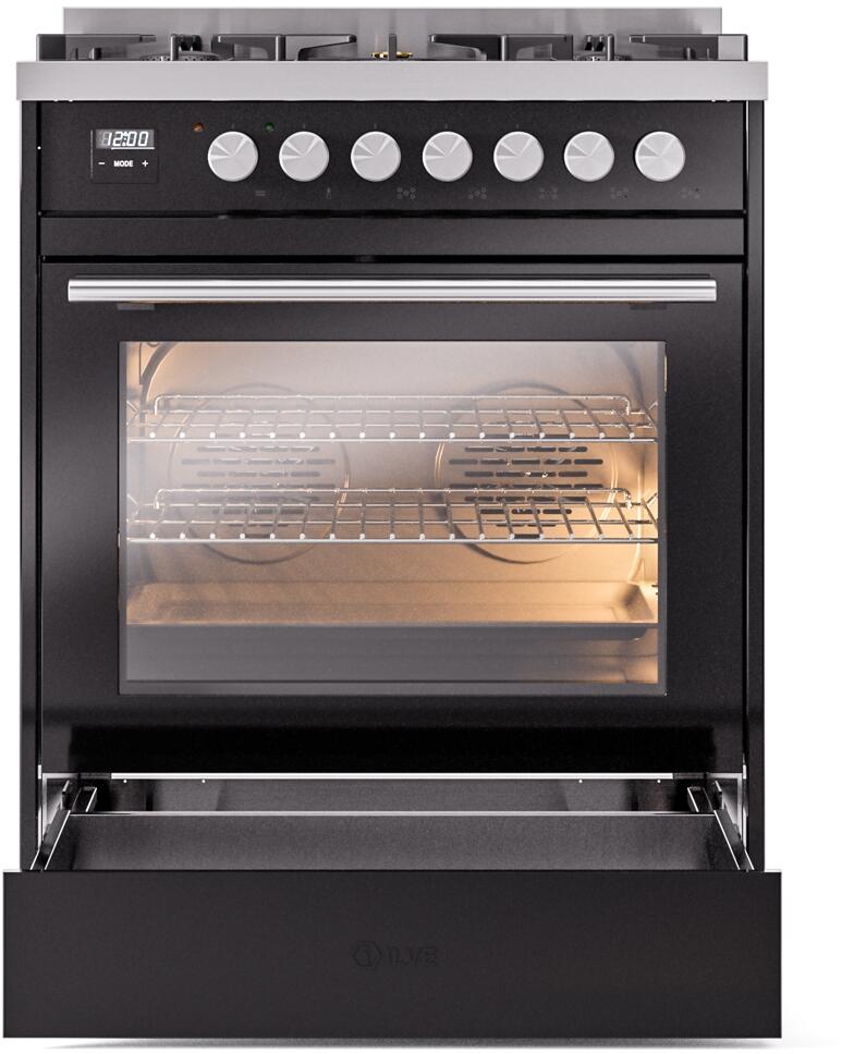 Ilve UP30WMPBKLP Professional Plus Ii 30 Inch Dual Fuel Liquid Propane Freestanding Range In Glossy Black With Trim