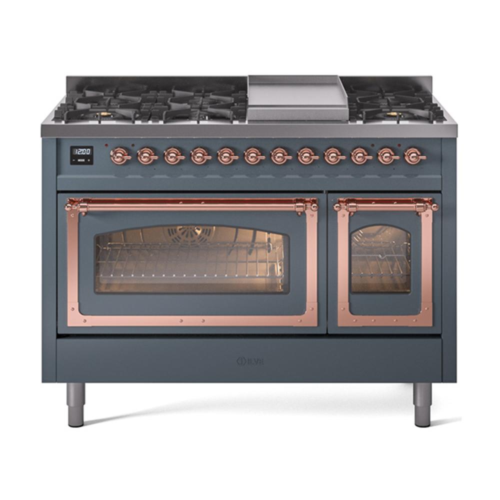 Ilve UN48FNMPBGPLP Ilve Un48Fnmpbgplp Nostalgie Ii Noblesse 48" Dual Fuel Range (8 Sealed Burners + Griddle, Liquid Propane, Triple Glass Door, Blue Grey, Copper)