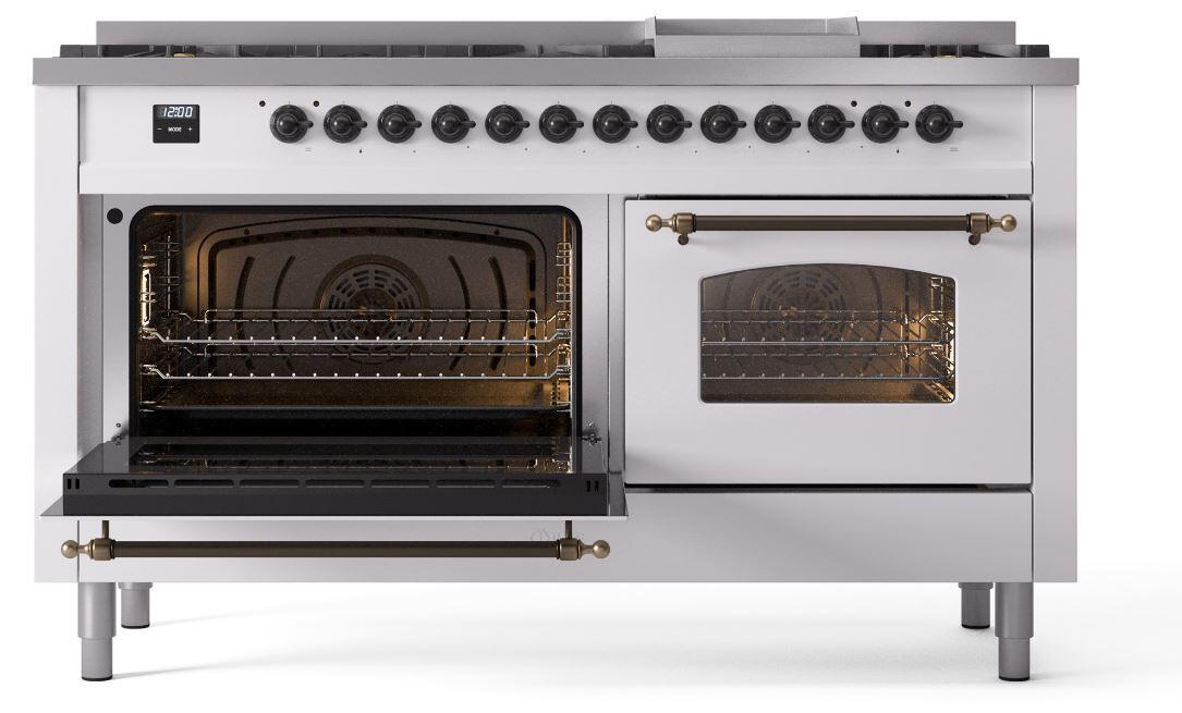 Ilve UP60FNMPWHBLP Nostalgie Ii 60 Inch Dual Fuel Liquid Propane Freestanding Range In White With Bronze Trim