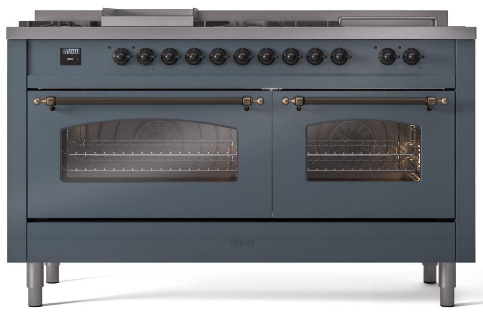 Ilve UP60FSNMPBGBLP Nostalgie Ii 60 Inch Dual Fuel Liquid Propane Freestanding Range In Blue Grey With Bronze Trim