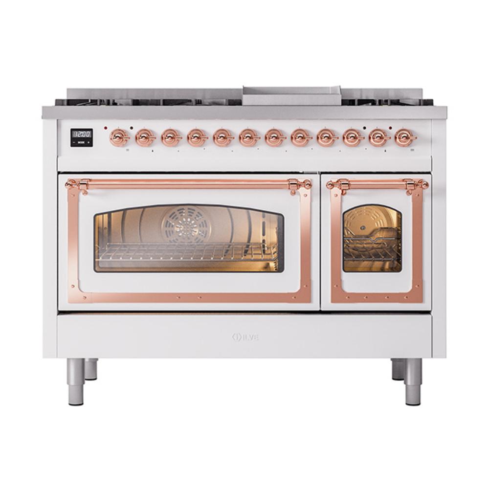 Ilve UN48FNMPWHPLP Ilve Un48Fnmpwhplp Nostalgie Ii Noblesse 48" Dual Fuel Range (8 Sealed Burners + Griddle, Liquid Propane, Triple Glass Door, White, Copper)